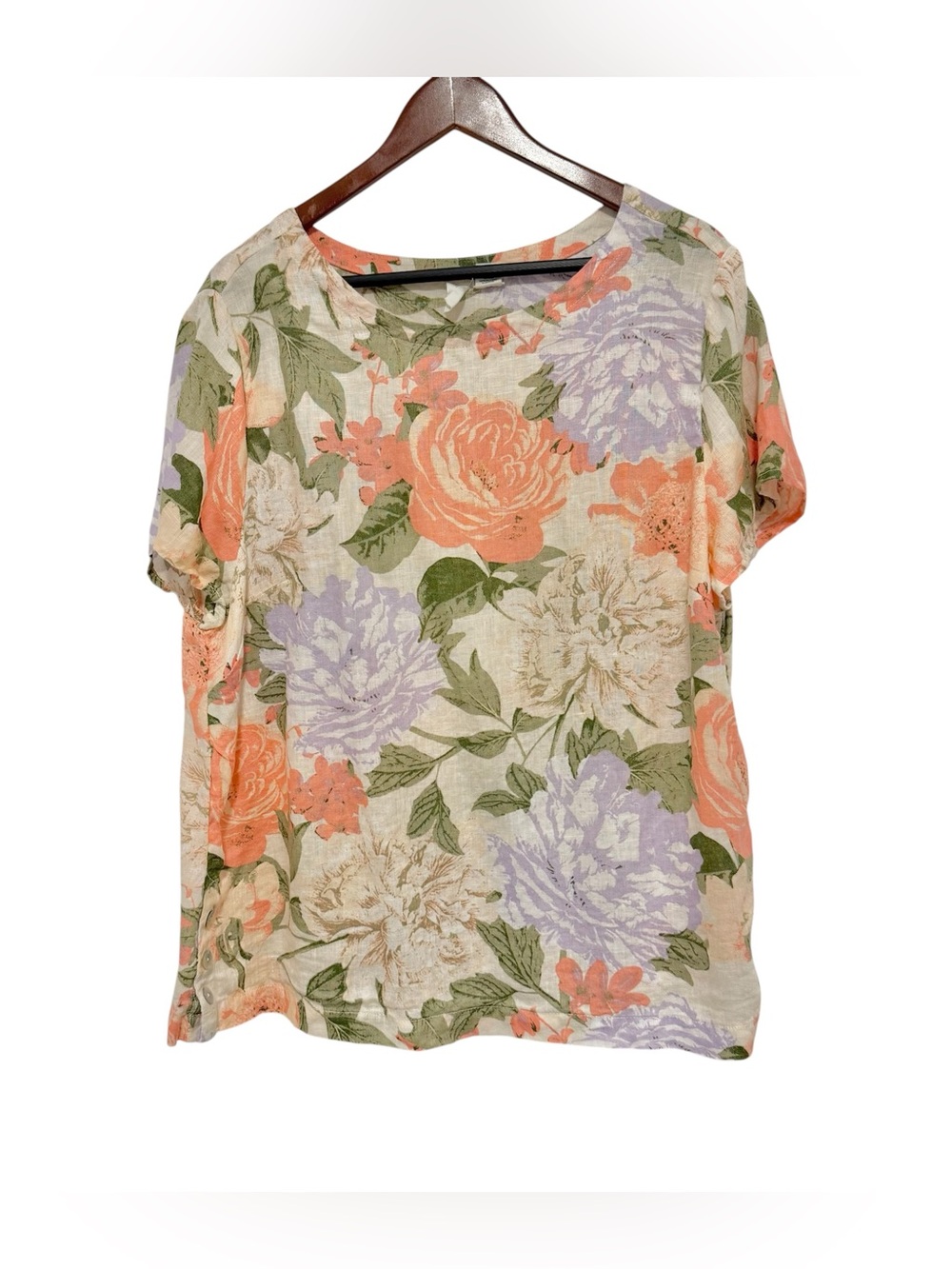 Joie 100% Linen Short Sleeve Top Button Detail Floral Print Size 1X Plus Size